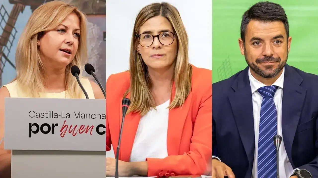 Los portavoces parlamentarios de PSOE, PP y Vox en las Cortes de Castilla-La Mancha, Ana Isabel Abeng&oacute;zar, Carolina Agudo e Iv&aacute;n S&aacute;nchez, respectivamente, durante sus comparecencias ante los medios este lunes.
