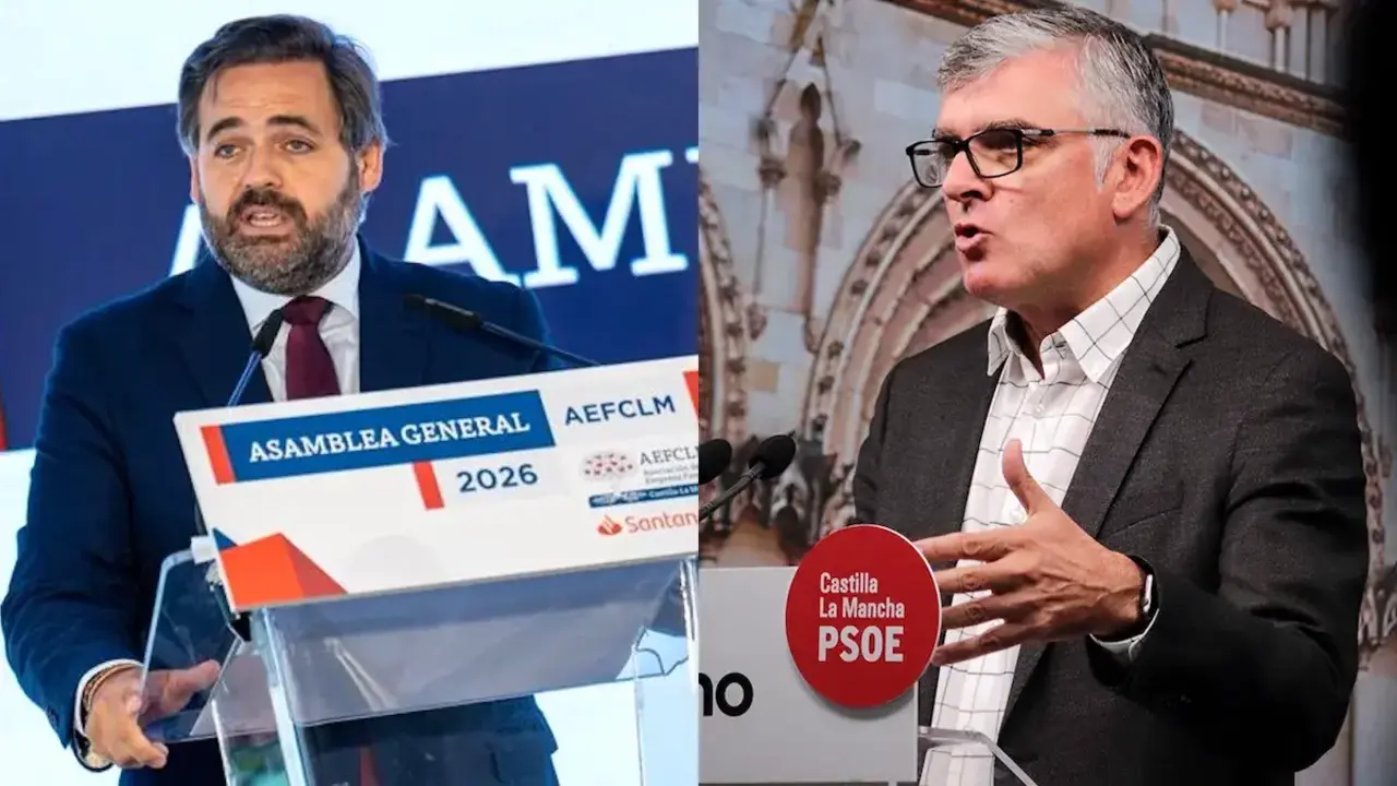 El presidente del PP de Castilla-La Mancha, Paco N&uacute;&ntilde;ez, y el presidente del PSOE en las Cortes de Castilla-La Mancha, &Aacute;ngel Tom&aacute;s Godoy, en sendas comparecencias este martes.