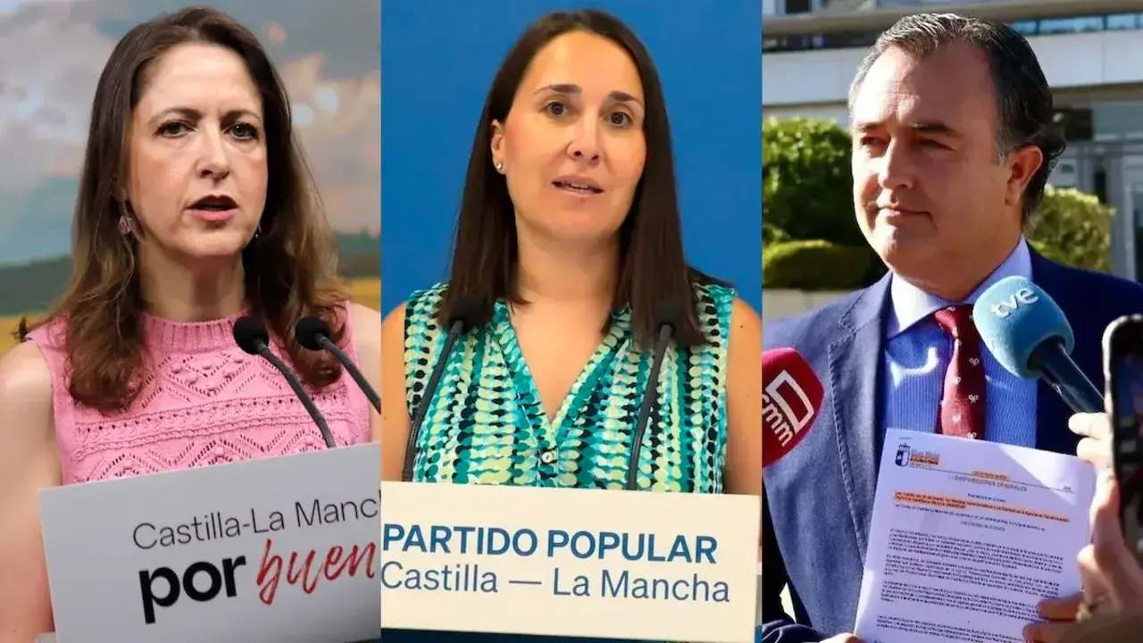 La portavoz del PSOE de Castilla-La Mancha, Cristina Maestre; la portavoz regional del PP, Alejandra Hern&aacute;ndez; y el presidente de Vox en las Cortes regionales, David Moreno.
