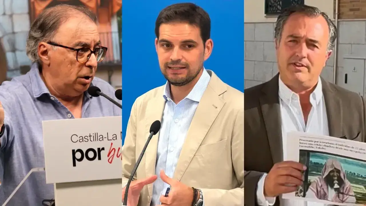El secretario de An&aacute;lisis y Estudios Estrat&eacute;gicos del PSOE de Castilla-La Mancha, Fernando Mora; el vicesecretario de Comunicaci&oacute;n del PP, Santiago Serrano; y el presidente de Vos en las Cortes regionales, David Moreno.