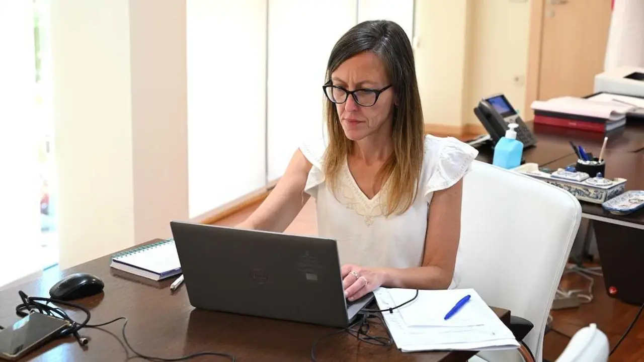 La directora general de Turismo, Arantxa P&eacute;rez Gil, durante la reuni&oacute;n telem&aacute;tica&nbsp;de trabajo con representantes del tejido econ&oacute;mico y laboral de las zonas afectadas por el incendio de La Mierla (Guadalajara)
