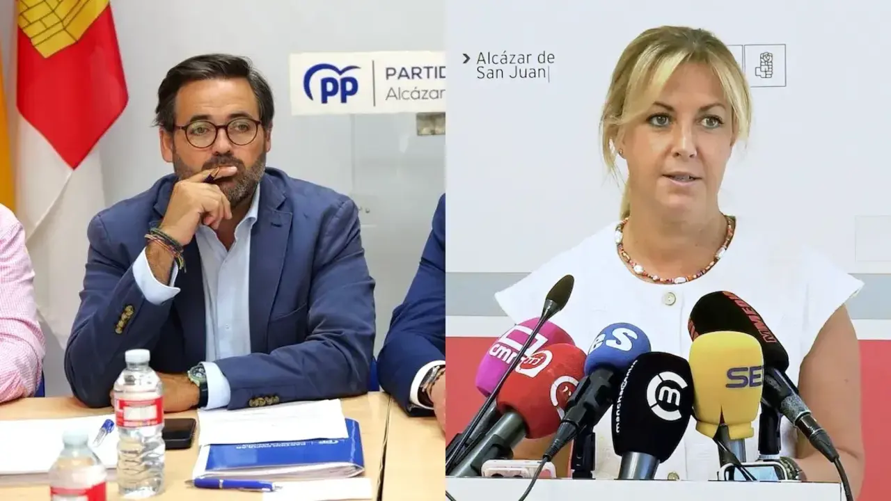 El presidente del PP de Castilla-La Mancha, Paco N&uacute;&ntilde;ez; y la portavoz del PSOE en las Cortes regionales, Ana Isabel Abeng&oacute;zar, este viernes en sendas comparecencias en Alc&aacute;zar de San Juan (Ciudad Real).