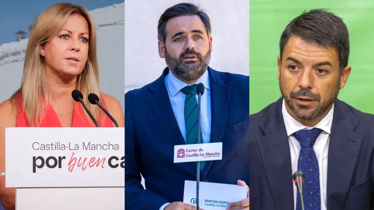 La portavoz del PSOE en las Cortes regionales, Ana Isabel Abeng&oacute;zar; el presidente del PP de Castilla-La Mancha, Paco N&uacute;&ntilde;ez; y el portavoz parlamentario de Vox, Iv&aacute;n S&aacute;nchez