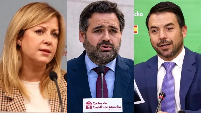 La portavoz del PSOE, Ana Isabel Abeng&oacute;zar; el presidente del PP de Castilla-La Mancha, Paco N&uacute;&ntilde;ez y el portavoz de Vox, Iv&aacute;n S&aacute;nchez, durante las ruedas de prensa que han ofrecido