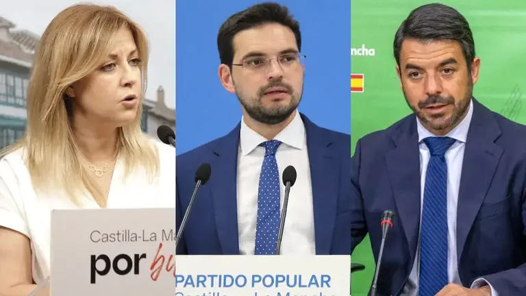 La portavoz del PSOE en las Cortes de Castilla-La Mancha, Ana Isabel Abeng&oacute;zar; el diputado regional del PP, Santiago Serrano; y el portavoz de Vos en las Cortes, Iv&aacute;n S&aacute;nchez