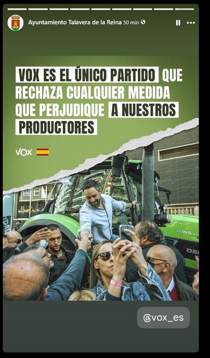 En la imagen la publicación de Vox en el Facebook institucional del Ayuntamiento de Talavera de la Reina (Toledo)