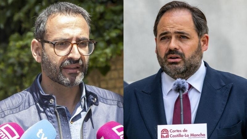 El secretario de Organización del PSOE de Castilla-La Mancha, Sergio Gutiérrez, y el presidente regional del PP, Paco Núñez, atendiendo a los medios de comunicación este martes en Toledo