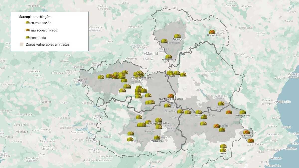 Mapa de plantas de biometano / biogás en Castilla-La Mancha elaborado por Stop Ganadería Industrial CLM